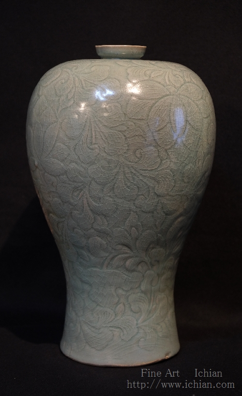 日本売上高麗青磁陰刻柳下水鳥草文梅瓶　高麗翡色青磁　12世紀頃　貴重品　優美　朝鮮陶磁　秘色　唯一無二 高麗